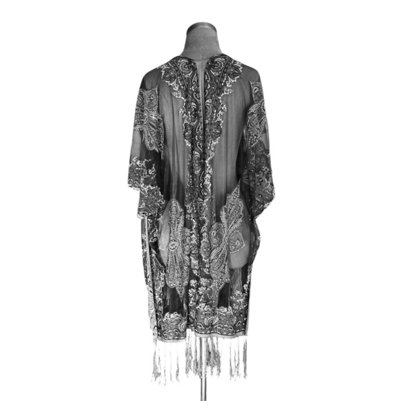 Women’s Swim Cover Up Top Burnout Kimono Sheer Fringe Open Front Duster Tunic - Picture 7 of 8